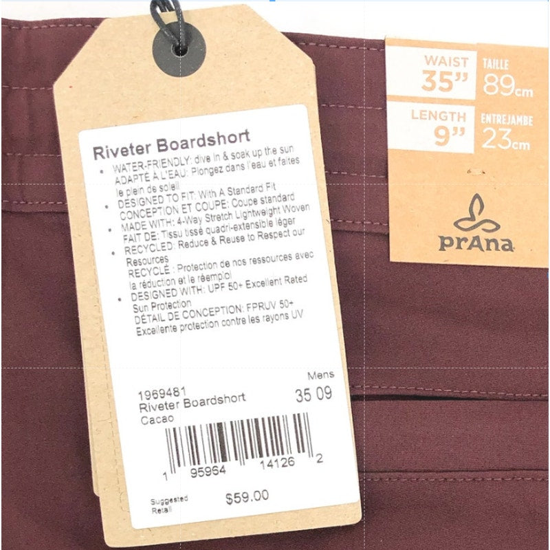 PRANA Men's Riveter Board Shorts Size 35 Dark Red Cacao 9" Inseam Drawstring NWT