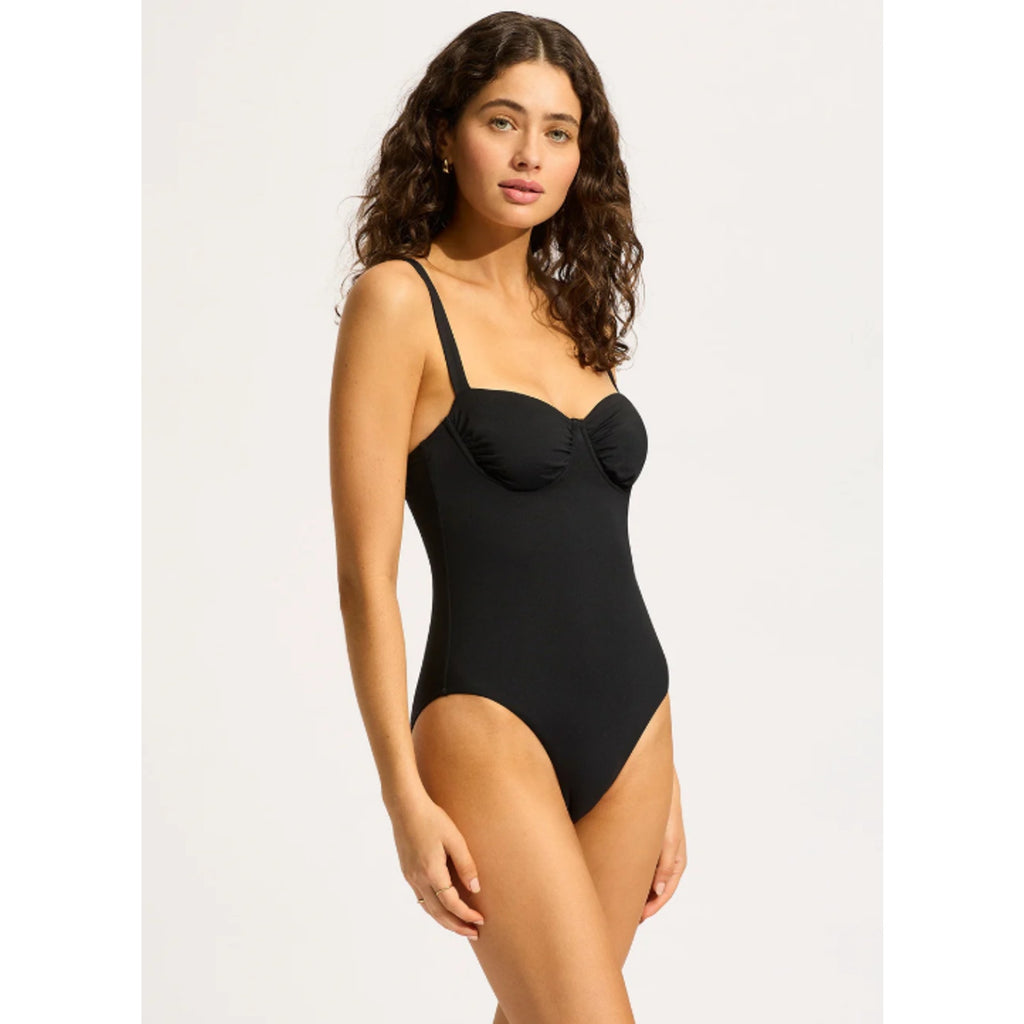 SEAFOLLY Women's Underwire One Piece Swimsuit Size 2 Black Ruched NWT