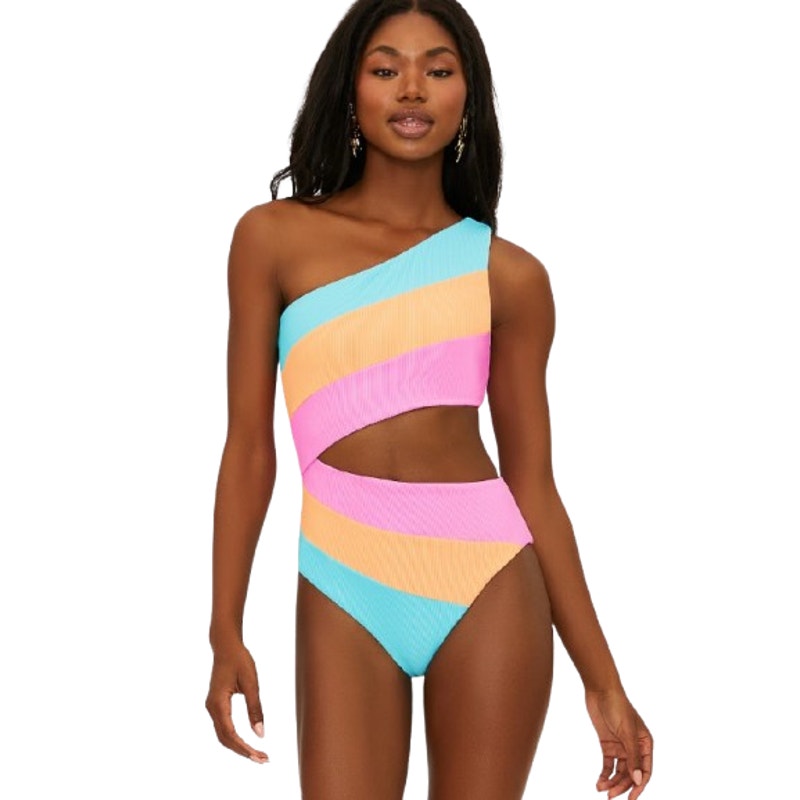 BEACH RIOT Joyce One Shoulder One Piece Swimsuit Small Pink Blue NWOT