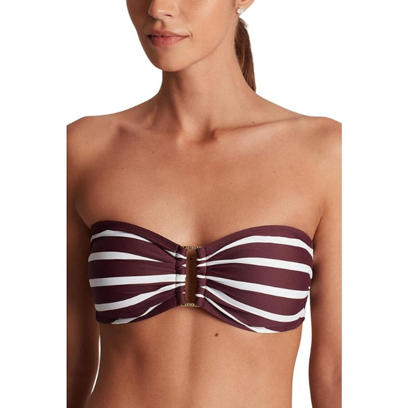 LAUREN RALPH LAUREN Largo Stripe Ring Bandeau Bikini Top Size 14 Red Claret NWT