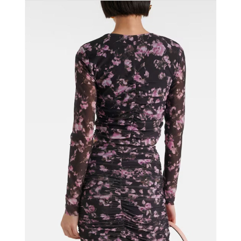 GANNI Women's Floral Mesh Crop Top Size 34 US 2 Black Pink Long Sleeve NWOT