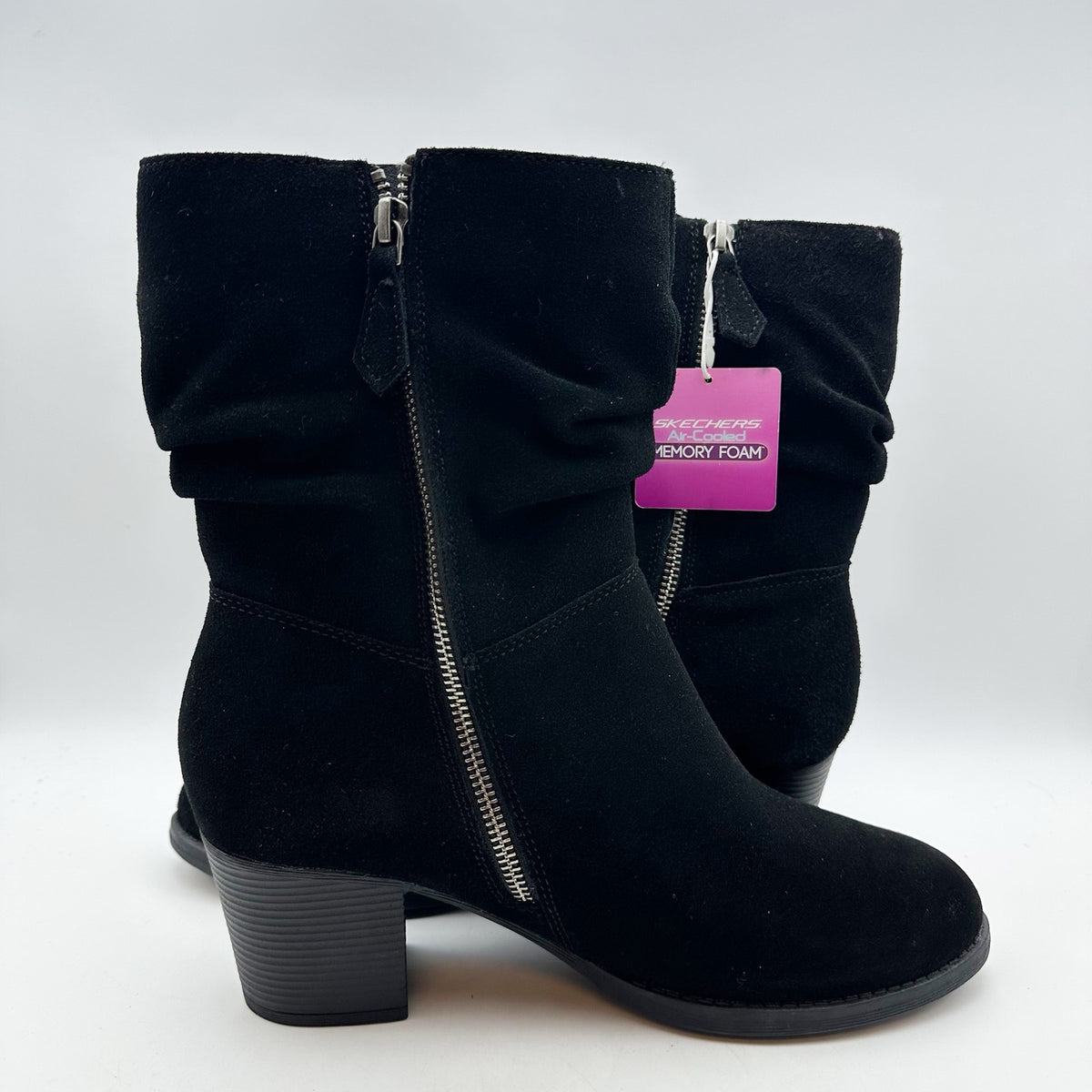 SKECHERS Womens Taxi Compelling Flirt Bootie Size 10 Black Suede Heels Boots NIB