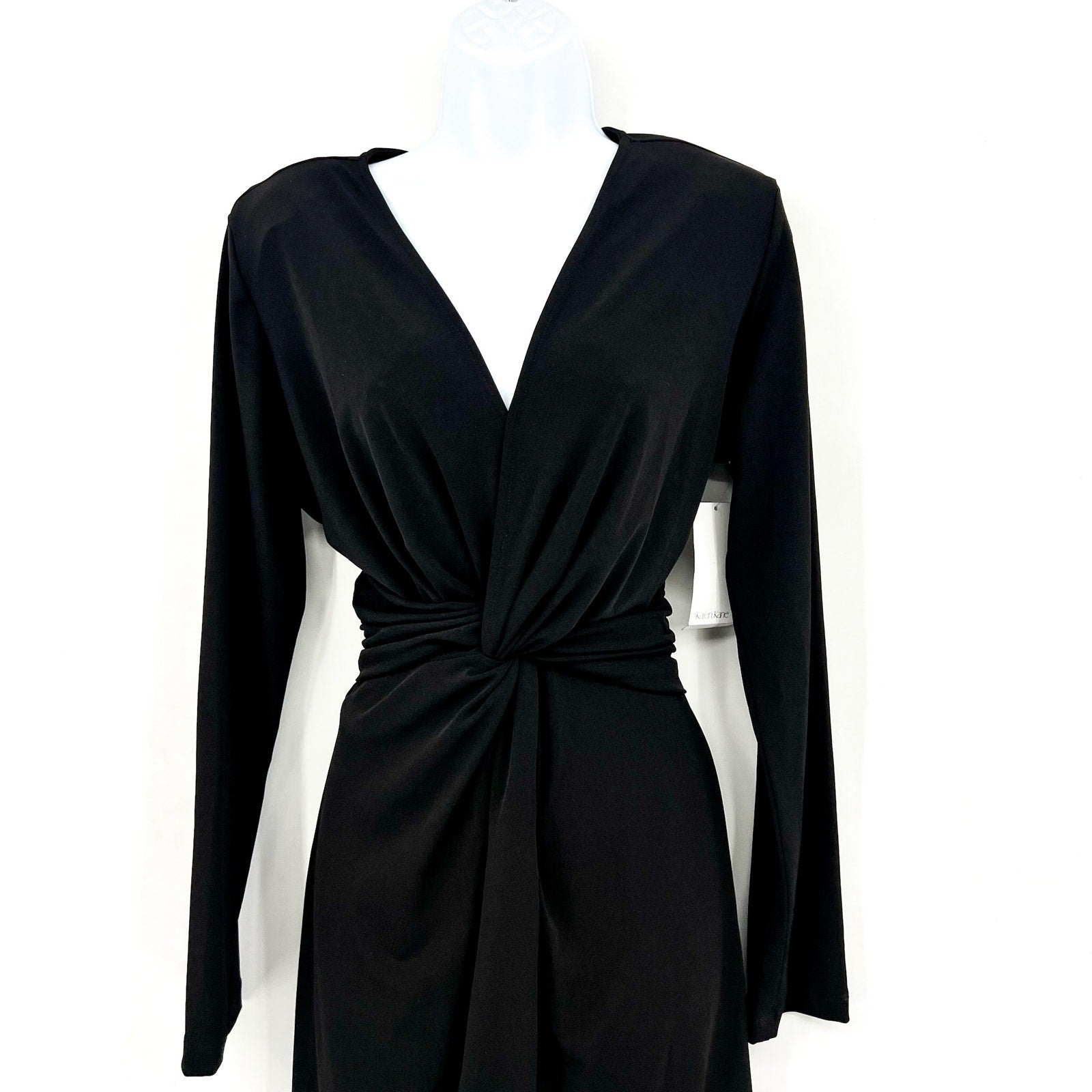 KAREN KANE Women's Twist Front Dress Large Black Stretch Long Sleeve NWT