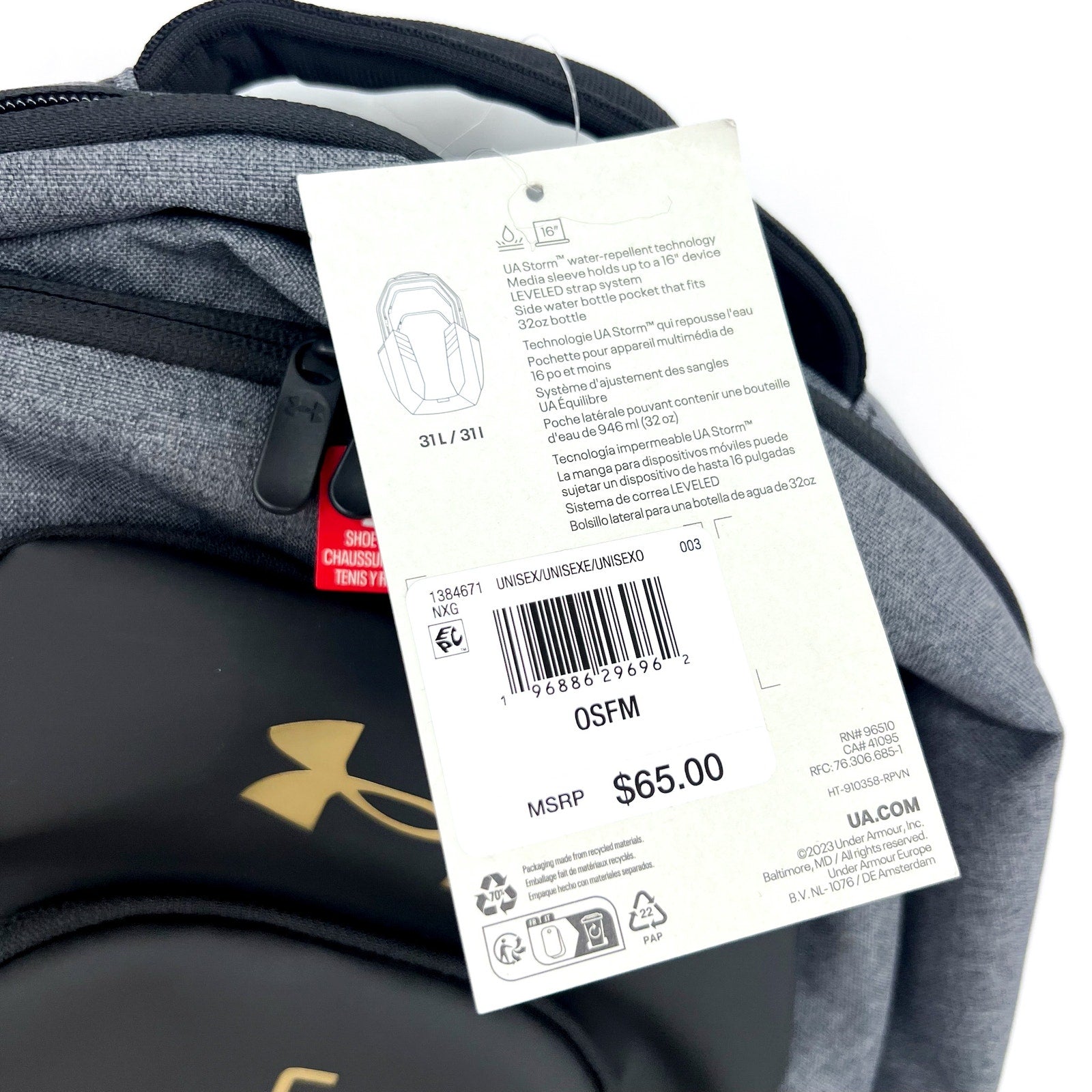 UNDER ARMOUR STORM Unisex Hustle Pro 6.0 Backpack Black/Gold Laptop Sleeve NWT