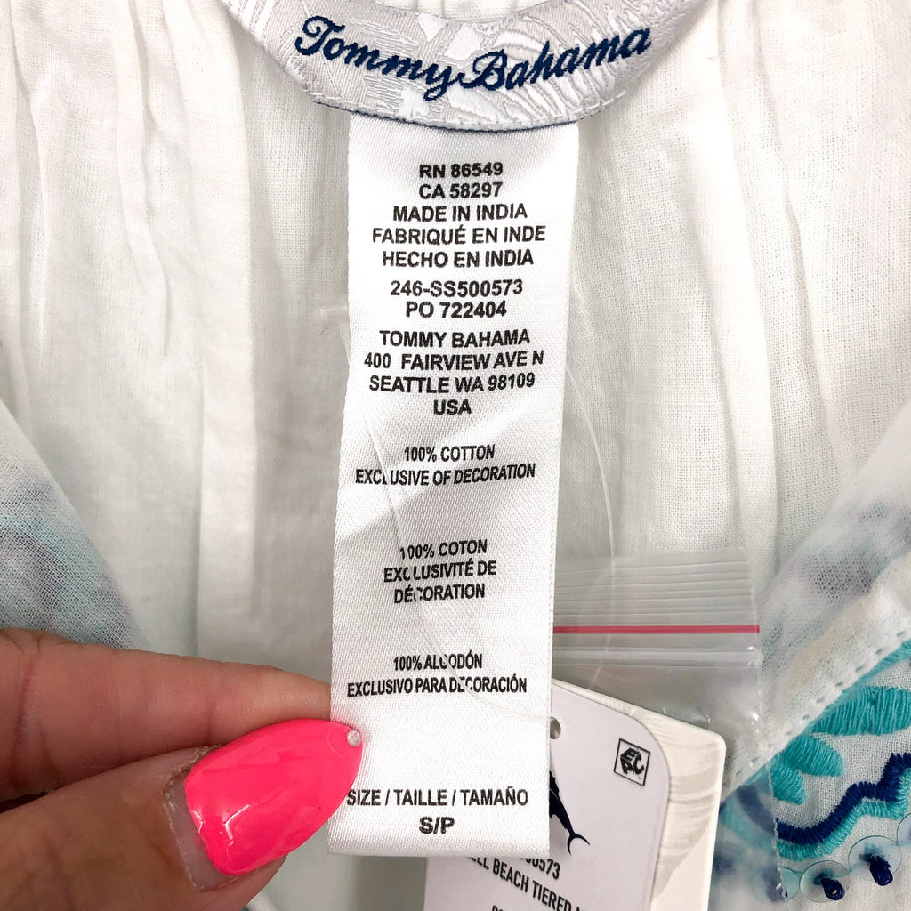 TOMMY BAHAMA Shell Beach Tiered Maxi Dress Small White Embroidered Cover-Up NWT