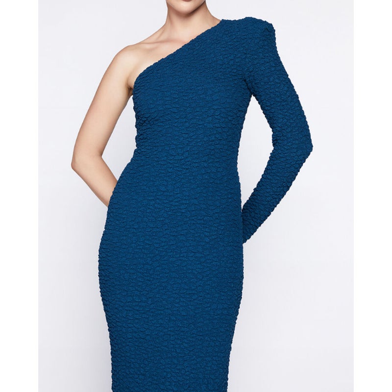 BARDOT Women's Crinkle One Shoulder Long Dress US 4 Teal Blue Long Sleeve NWT