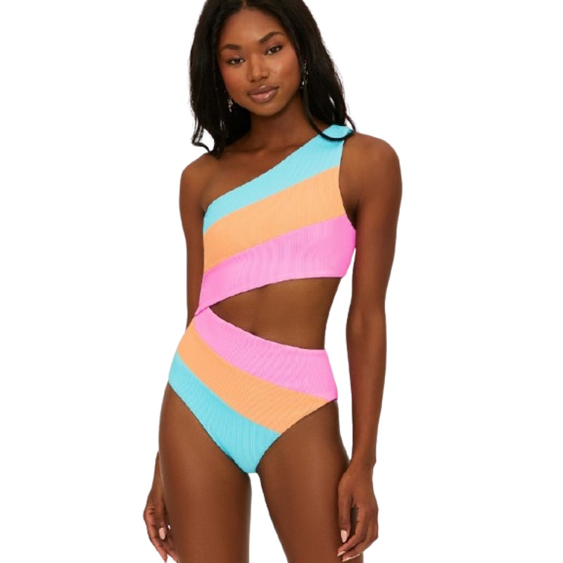 BEACH RIOT Joyce One Shoulder One Piece Swimsuit Small Pink Blue NWOT
