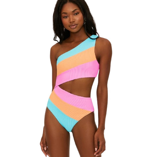 BEACH RIOT Joyce One Shoulder One Piece Swimsuit Small Pink Blue NWOT