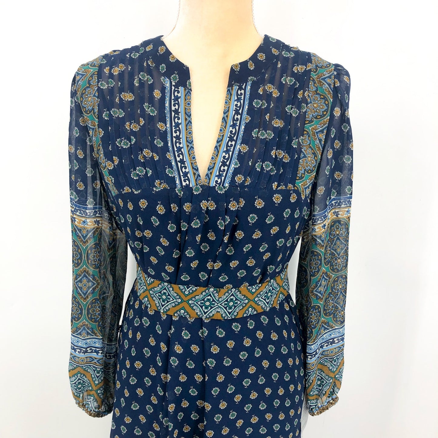 JULIA JORDAN Women's Boho Midi Dress Size 12 Navy Blue Mixed Paisley NWT