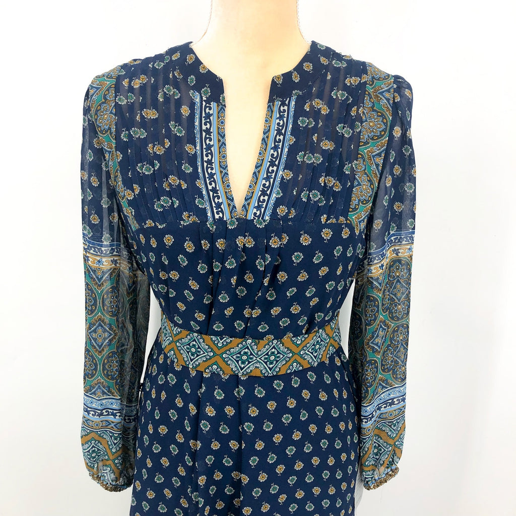 JULIA JORDAN Women's Boho Midi Dress Size 12 Navy Blue Mixed Paisley NWT