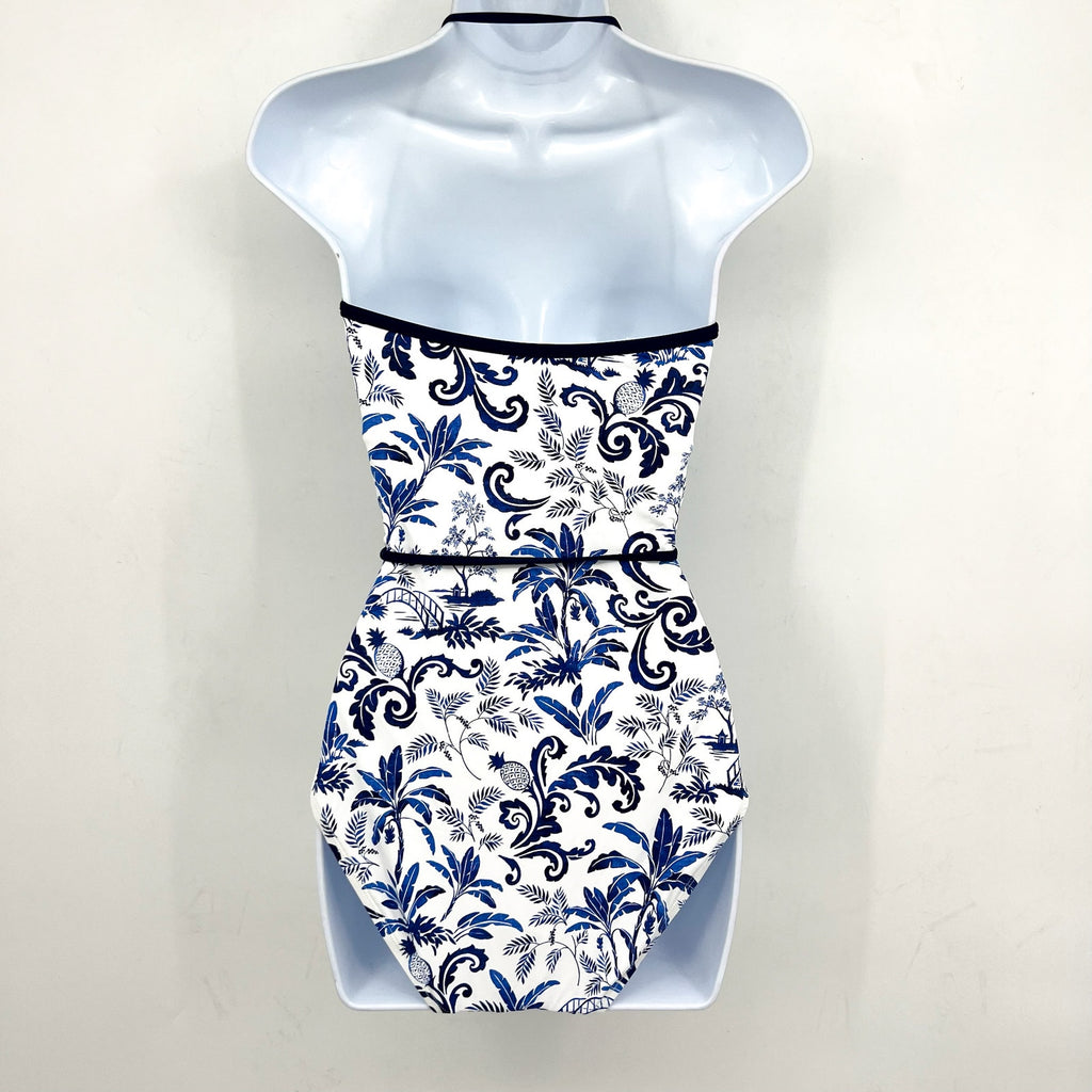 TOMMY BAHAMA Terrazzo Tile Bandeau One Piece Swimsuit Size 14 Blue Floral NWT