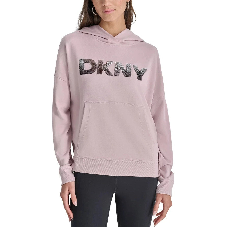 DKNY Women's Sequin Hoodie Small Pink Allure Pullover Sweatshirt NWT