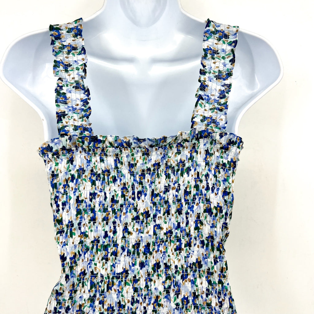 VERONICA BEARD Averie Smocked Tank Top Large Blue Cobalt Floral Print NWOT