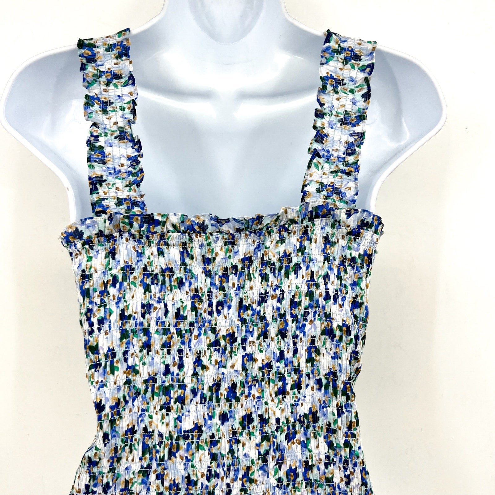 VERONICA BEARD Averie Smocked Tank Top Large Blue Cobalt Floral Print NWOT