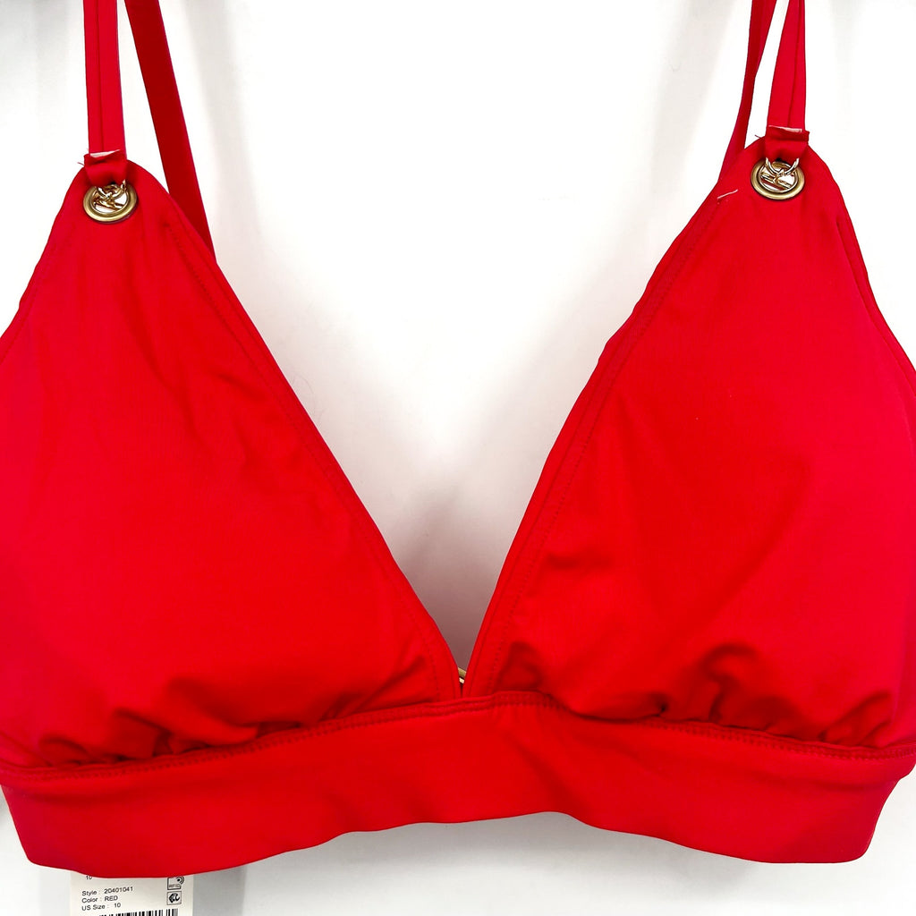 LAUREN RALPH LAUREN Toggle V Neck Bikini Top Size 10 Red Beach Club Solids NWT