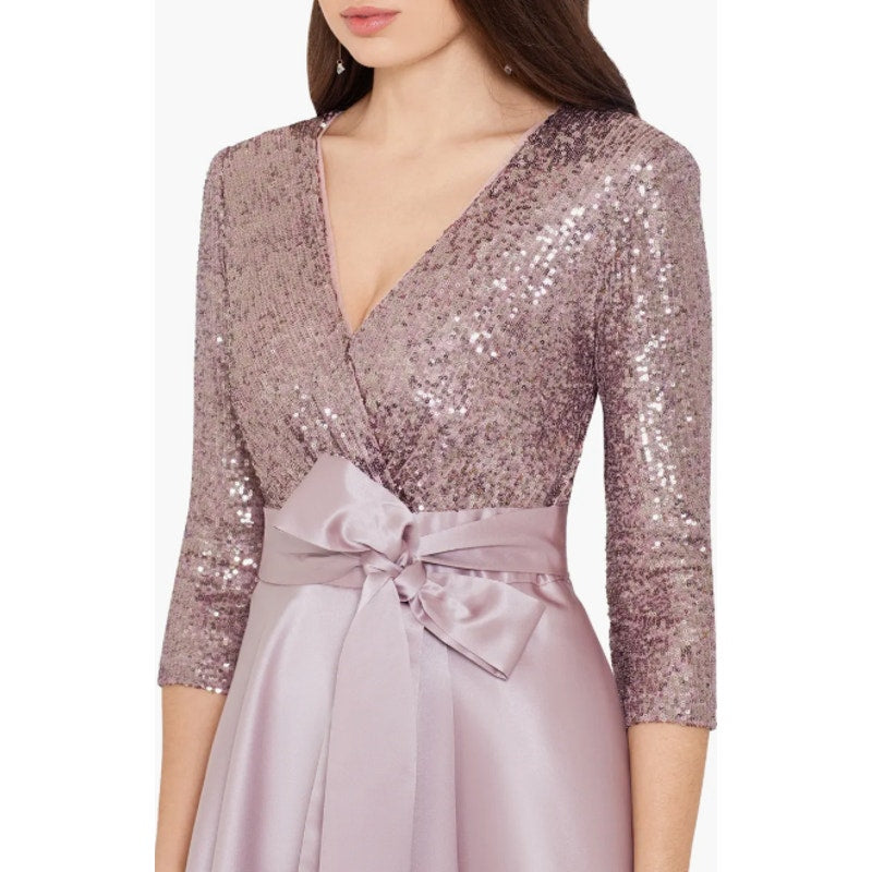 XSCAPE Women's Sequin & Satin A-Line Gown Size 10 Rose Pink Elbow Sleeve NWOT