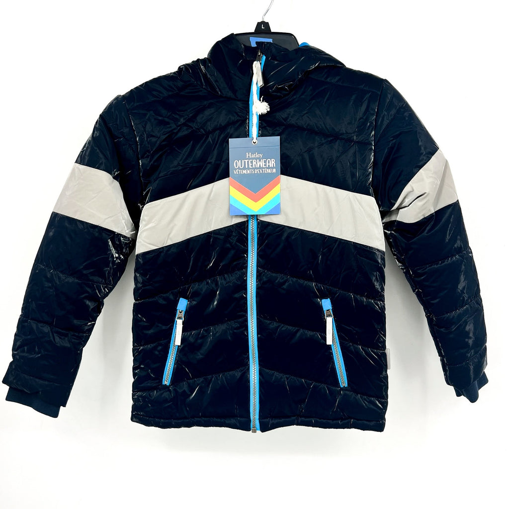 HATLEY Boys Shark Skin Puffer Jacket Size 8 Navy Blue Colorblock Hooded NWT