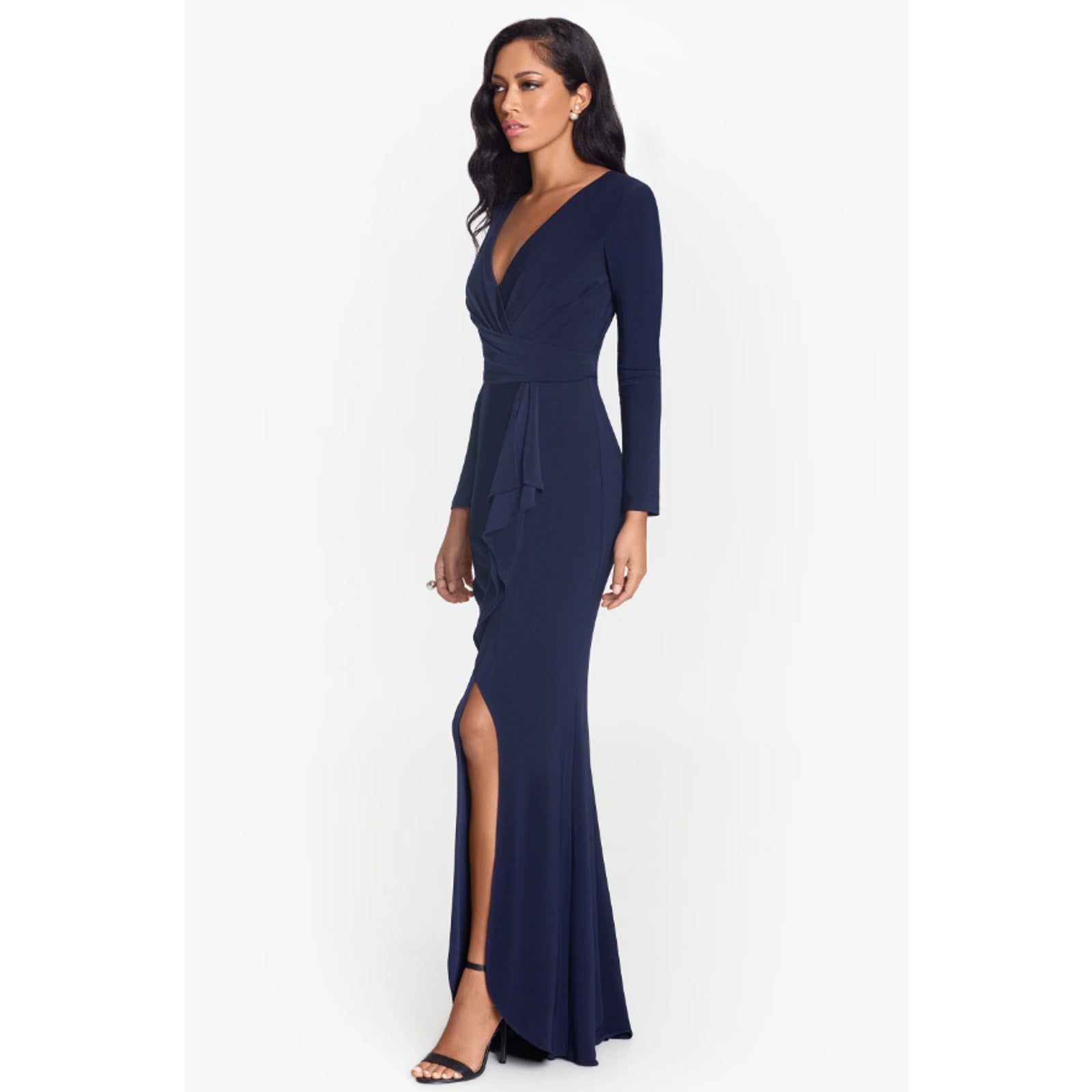 BETSY & ADAM Elle Long Sleeve Gown Size 16W Navy Blue Side Ruffled Slit NWT