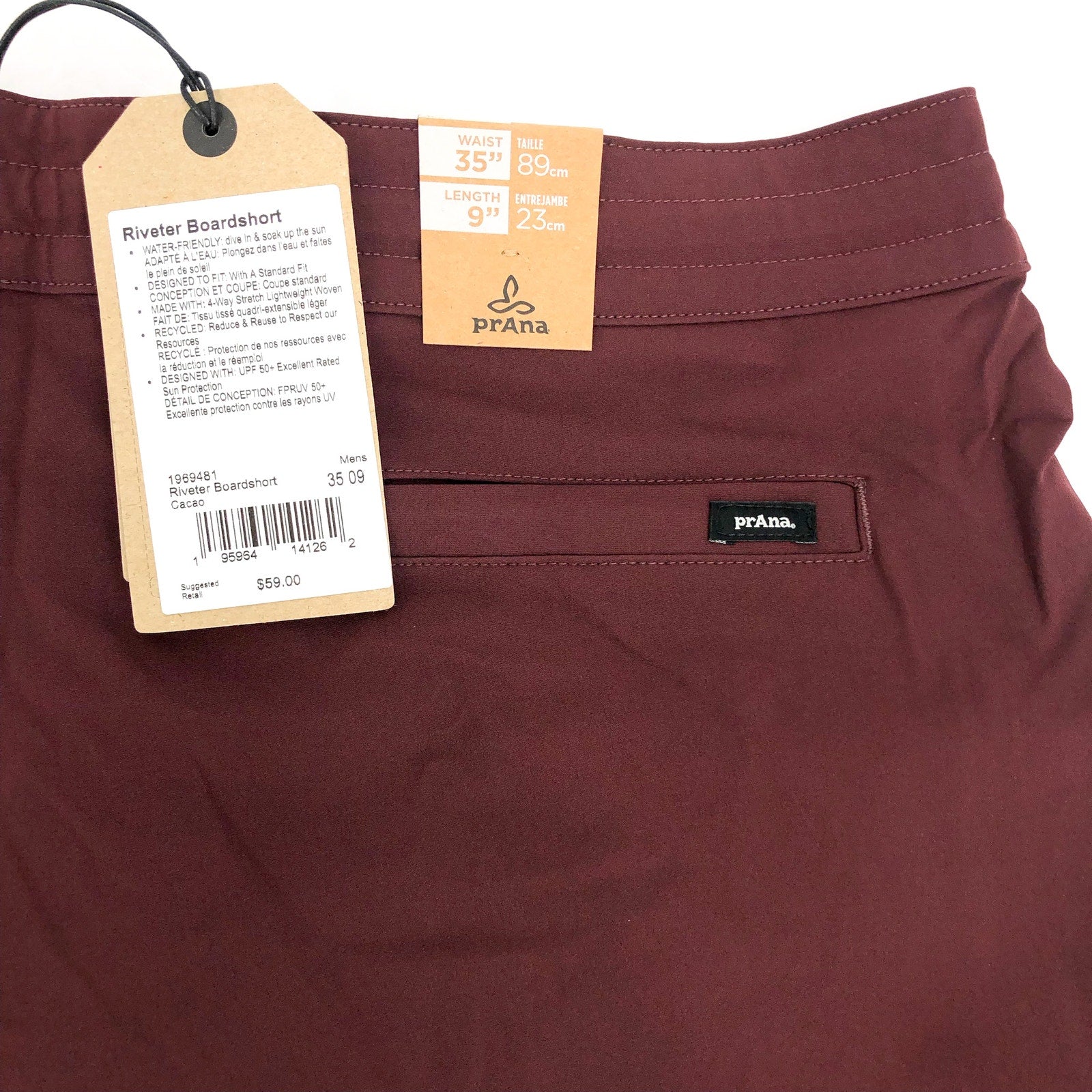 PRANA Men's Riveter Board Shorts Size 35 Dark Red Cacao 9" Inseam Drawstring NWT