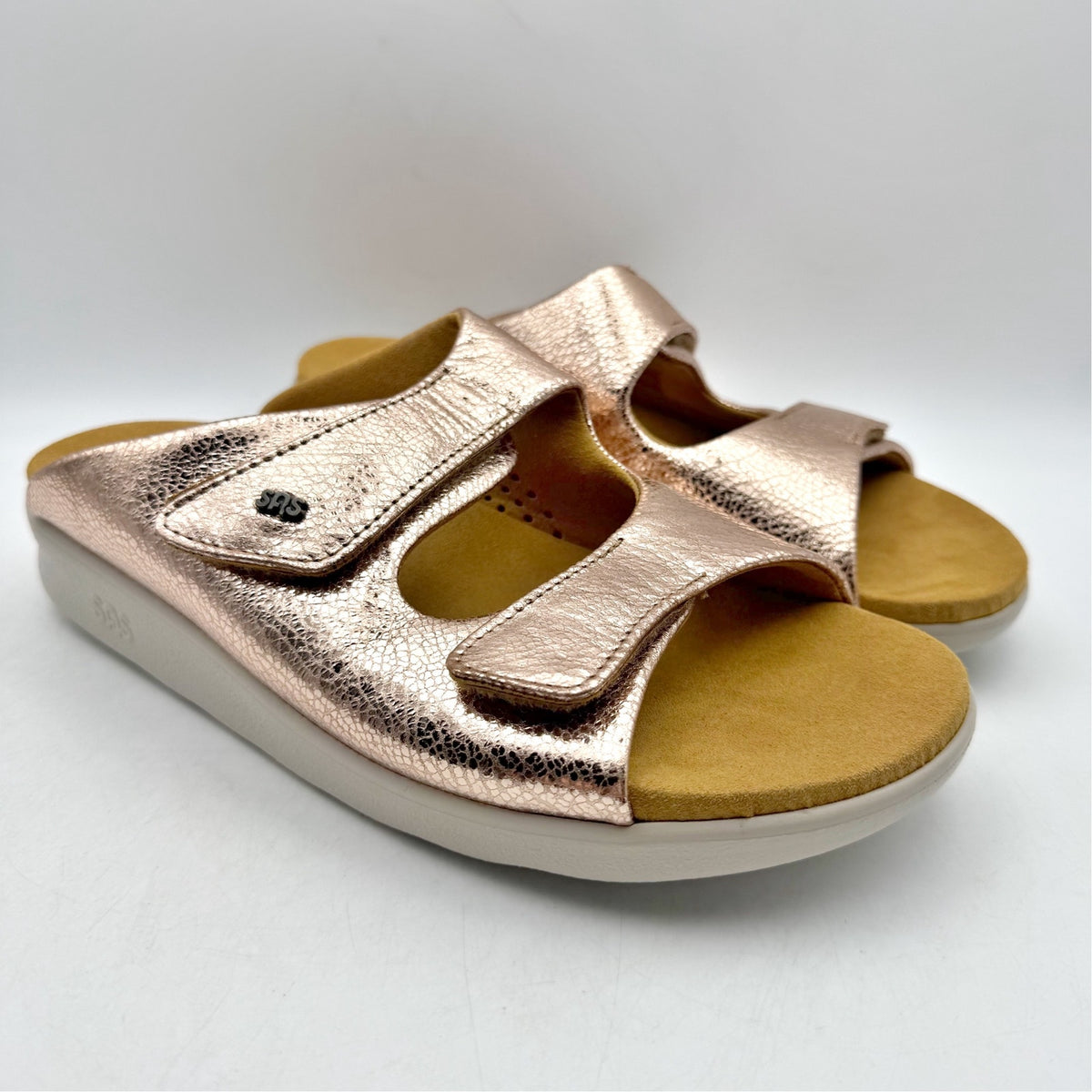 SAS Womens Cozy Adjustable Slide Sandals Size 9 Wide Pink Metallic Leather NIB