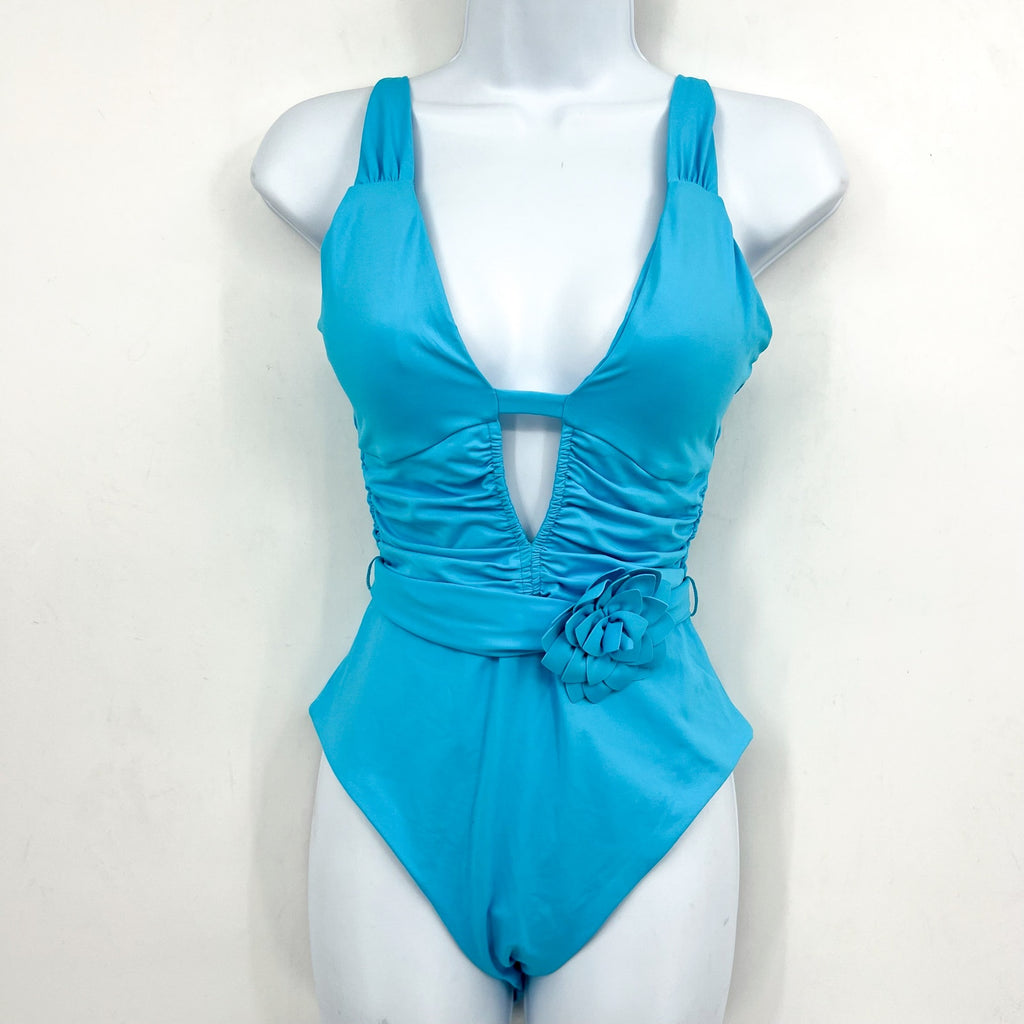BECCA Garden Of Eden Magnolia Plunge One Piece Swimsuit Large Pool Blue NWT