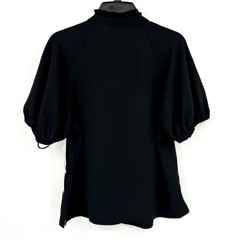CECE Women's Ruffle Neck Blouse Top Medium Rich Black Raglan Split Seam NWT