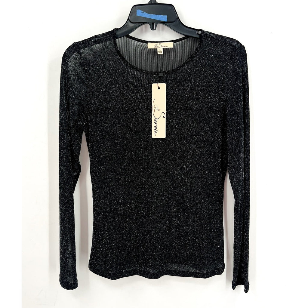 LES SEREIN Long Sleeve Glitter Mesh Sheer Top Small Black Silver Metallic NWT