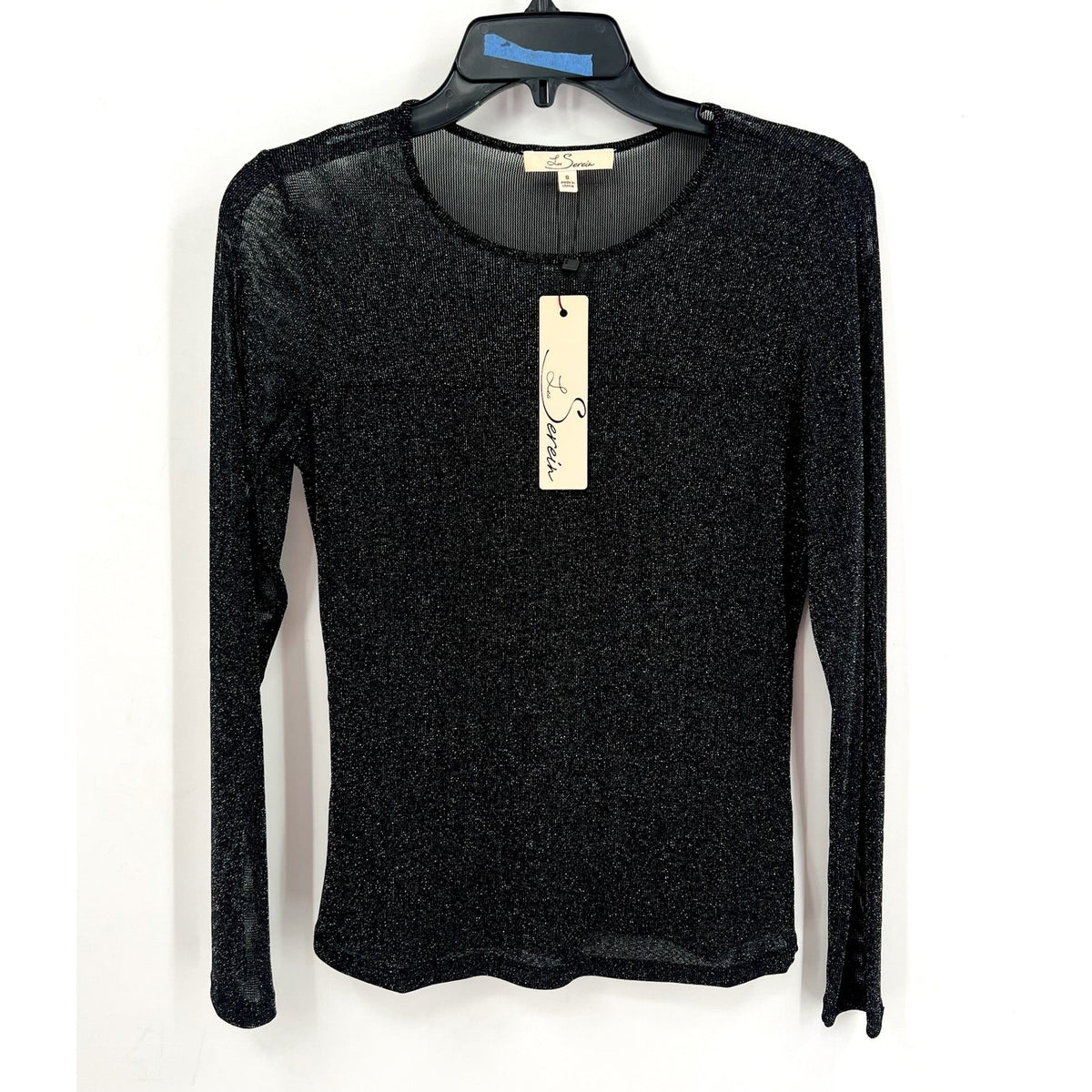 LES SEREIN Long Sleeve Glitter Mesh Sheer Top Small Black Silver Metallic NWT