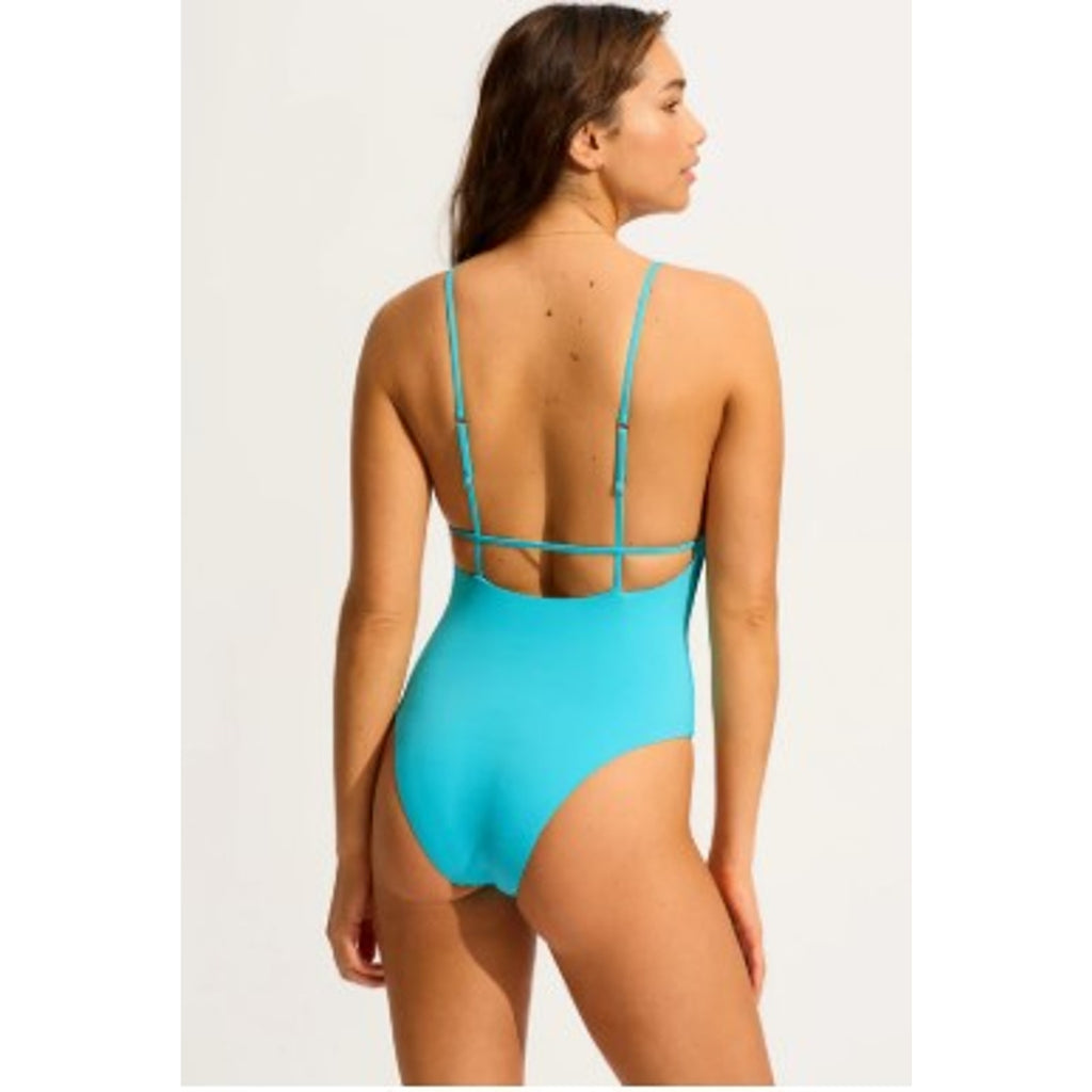 SEAFOLLY Collective V Neck One Piece Swimsuit Size 10 Atoll Blue Open Back NWT