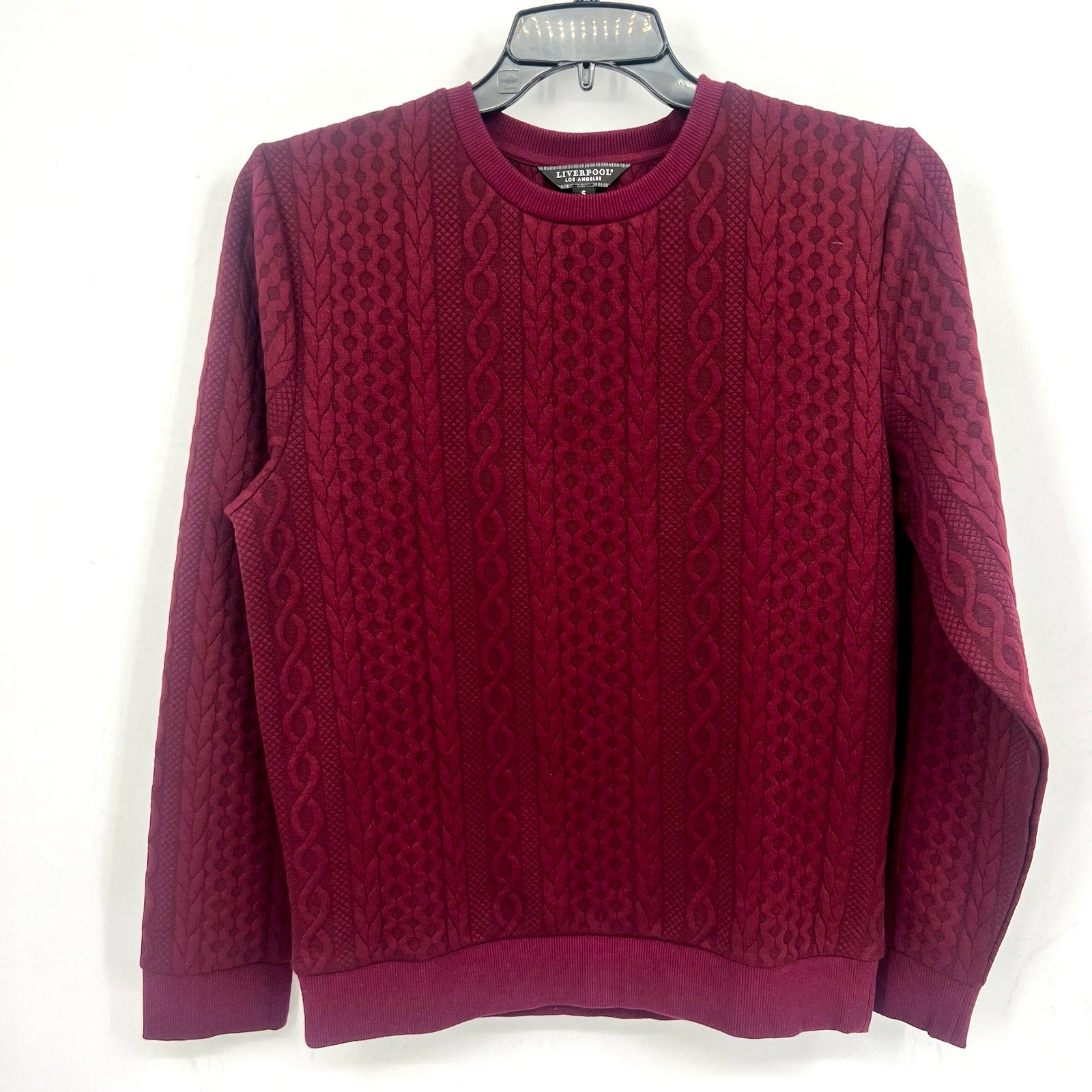 LIVERPOOL Men's Cable Knit Crew Neck Sweater Small Burgundy Red Jacquard NWT