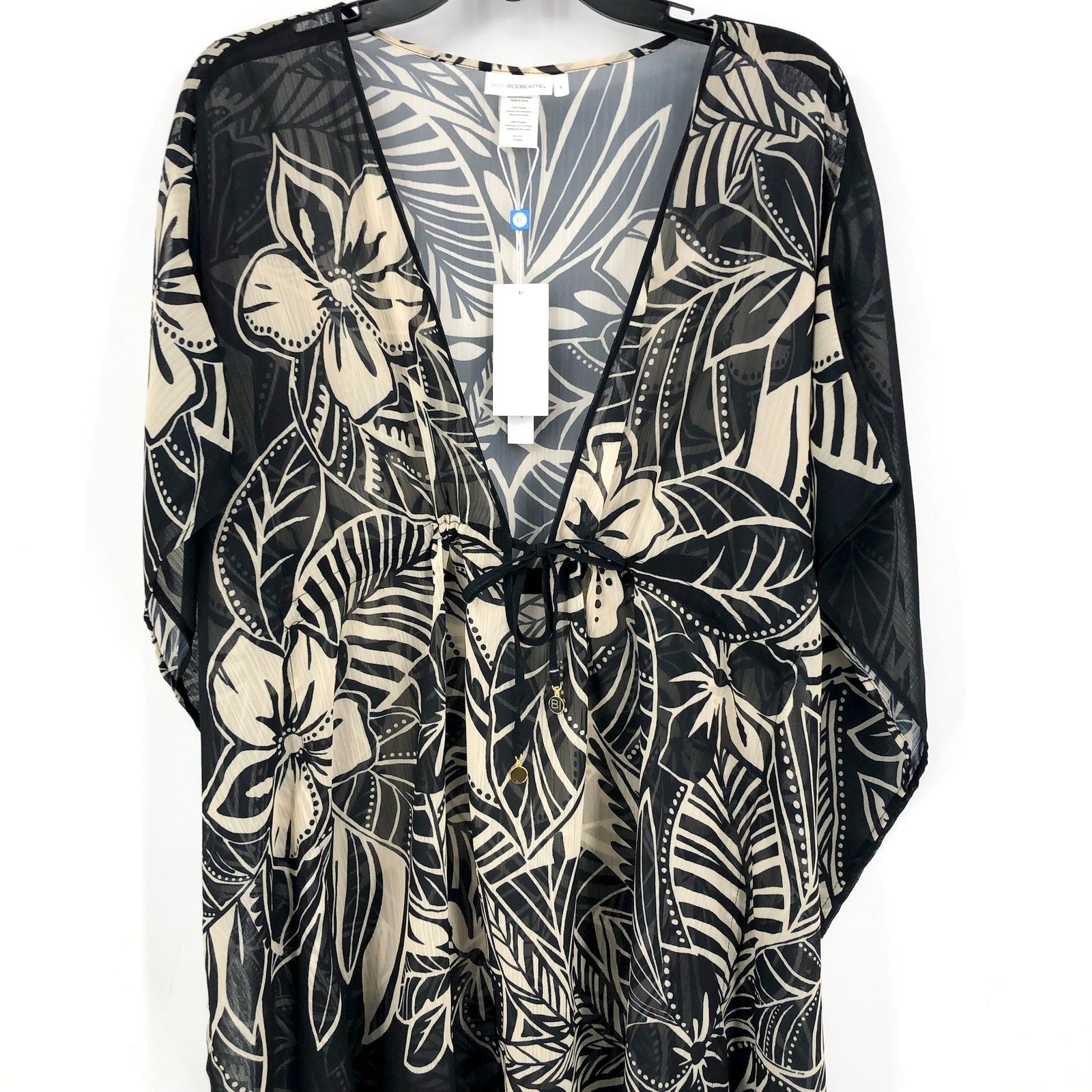 BLEU ROD BEATTIE Womens Ciao Bella Tunic Cover Up Large Black Floral Chiffon NWT
