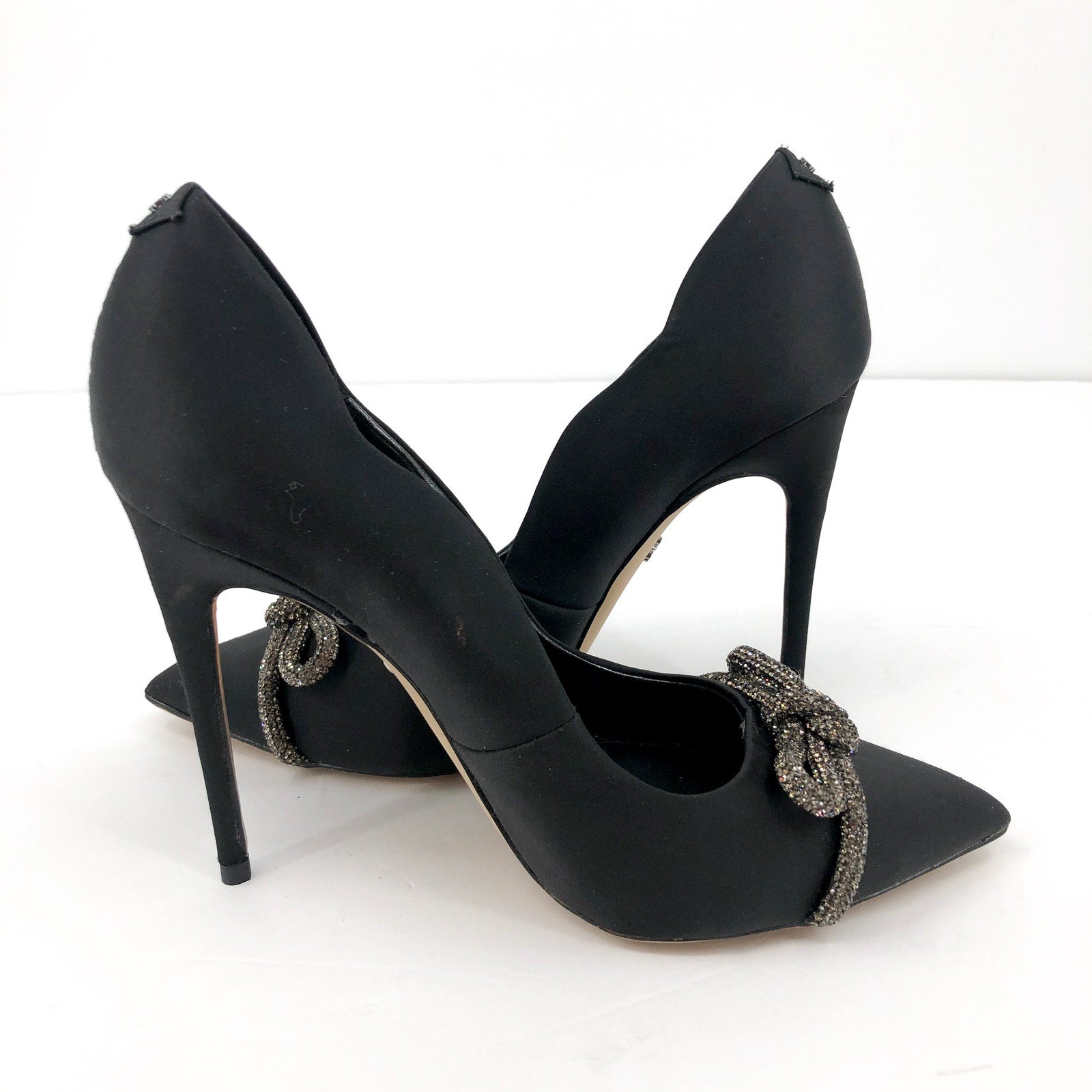 SAM EDELMAN Women's Deela Rhinestone Bow Pumps 9M Black Satin Pointed Toe