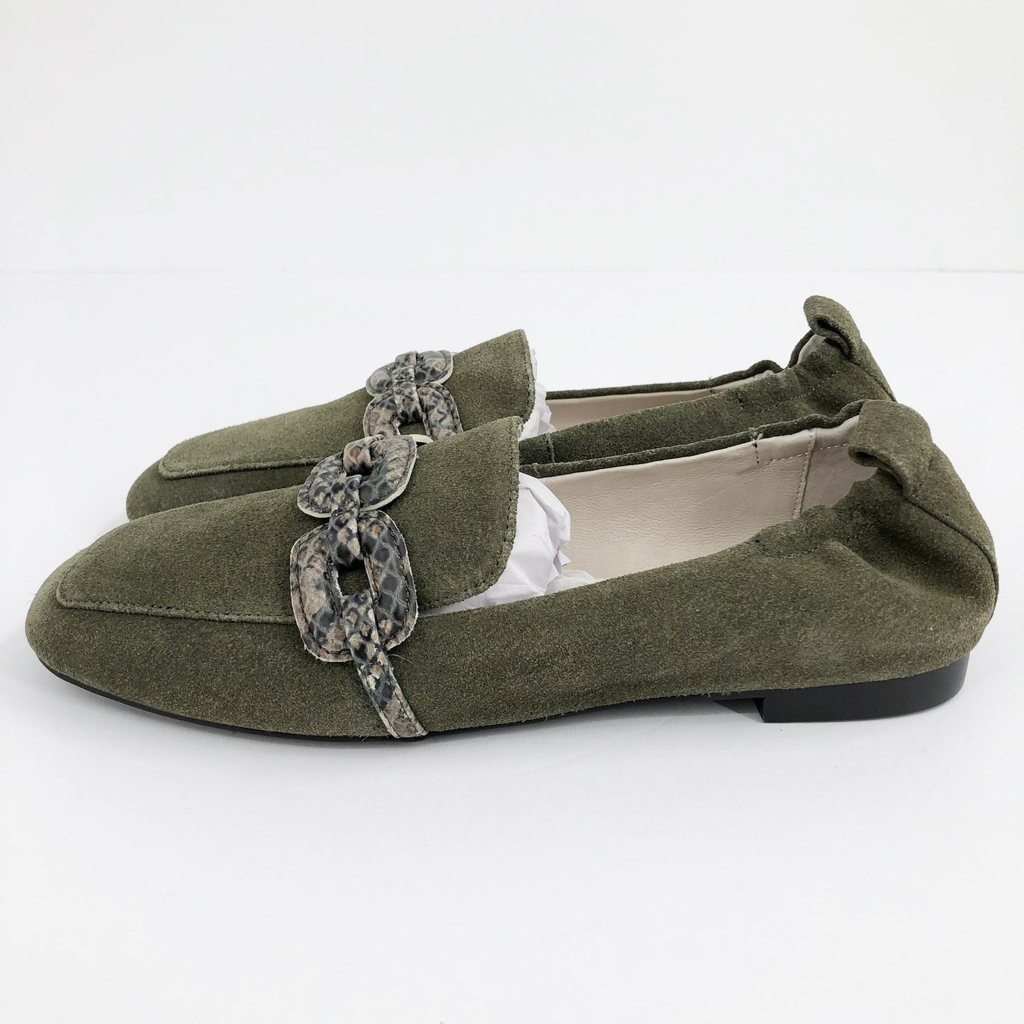 SANCTUARY Blast Suede Loafers 6.5 Olive Green Python-Embossed Bit NWOB