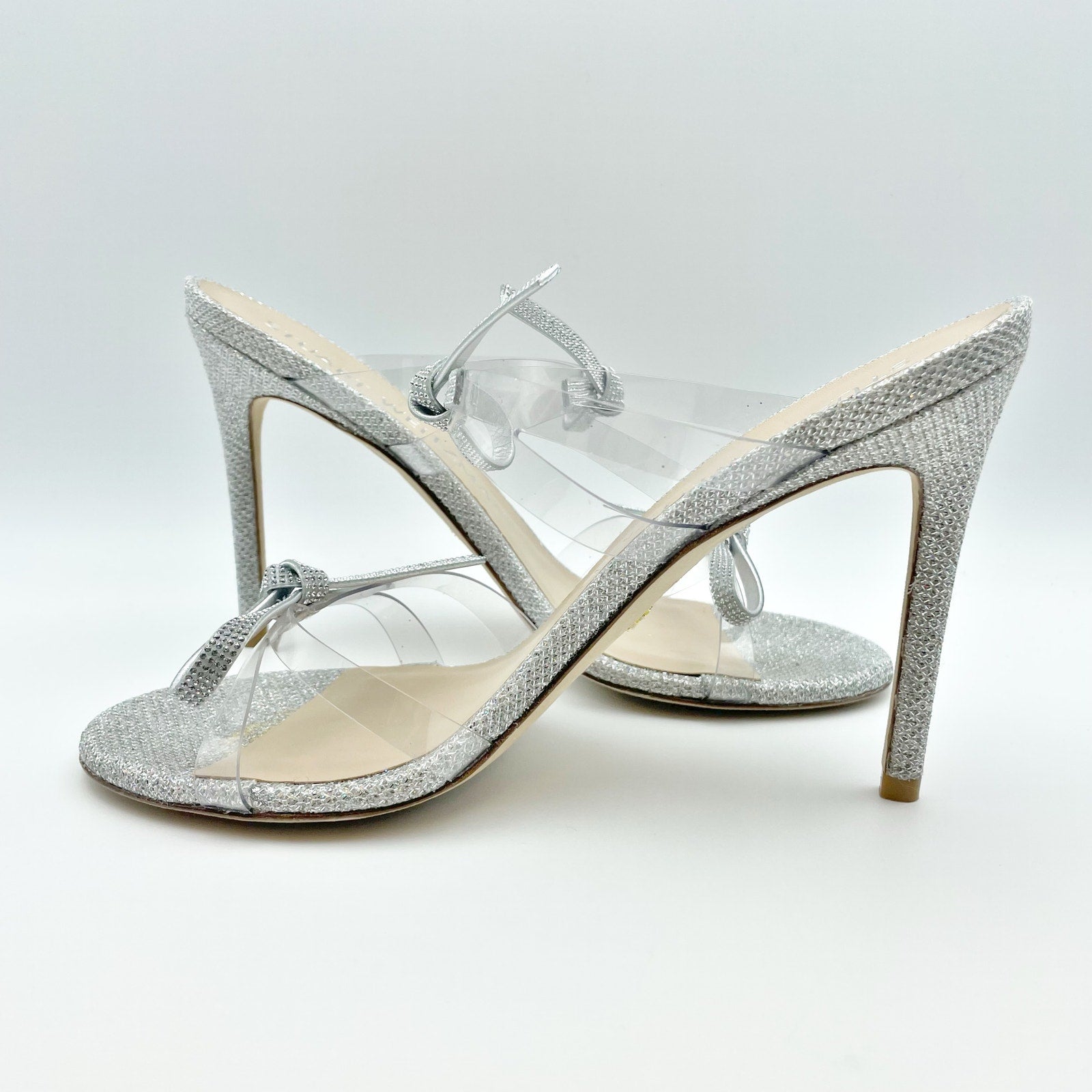 Stuart Weitzman Womens Bow 100 Slide Heel Sandals US 8 M EU 38.5 Silver NWOB
