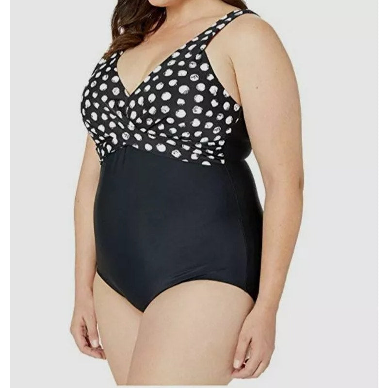 MAXINE OF HOLLYWOOD V-Neck Mio One Piece Swimsuit Size 14 Black White Dot NWT