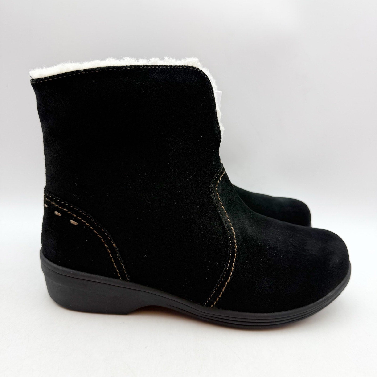 Spenco Womens Sun Valley Ankle Boots US 5.5 Wide Black Suede Sherpa Lined NIB
