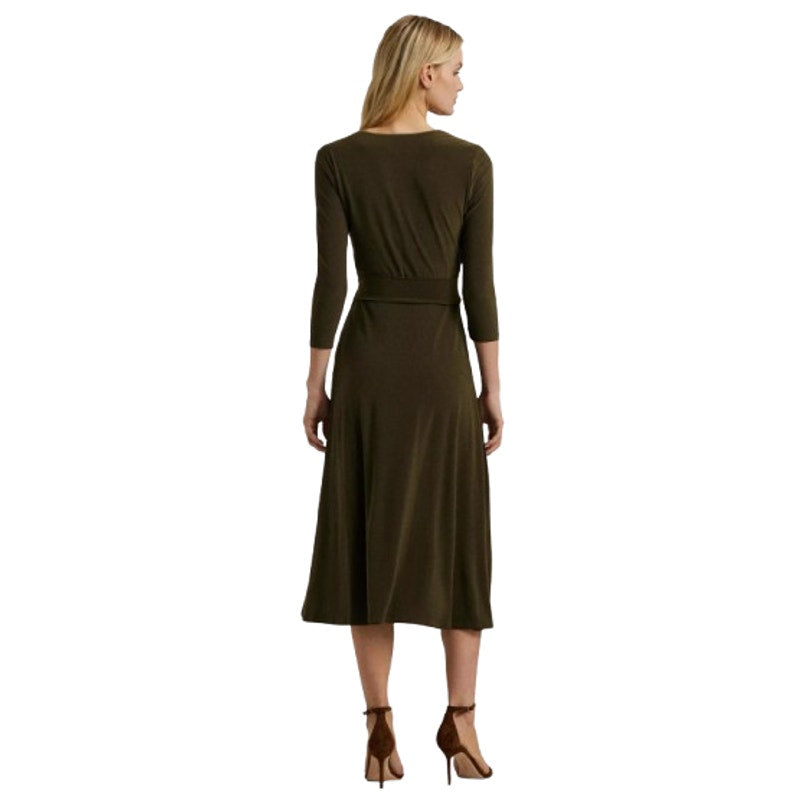 LAUREN RALPH LAUREN Surplice Jersey Dress Size 8 Olive Green Faux Wrap Belt NWT