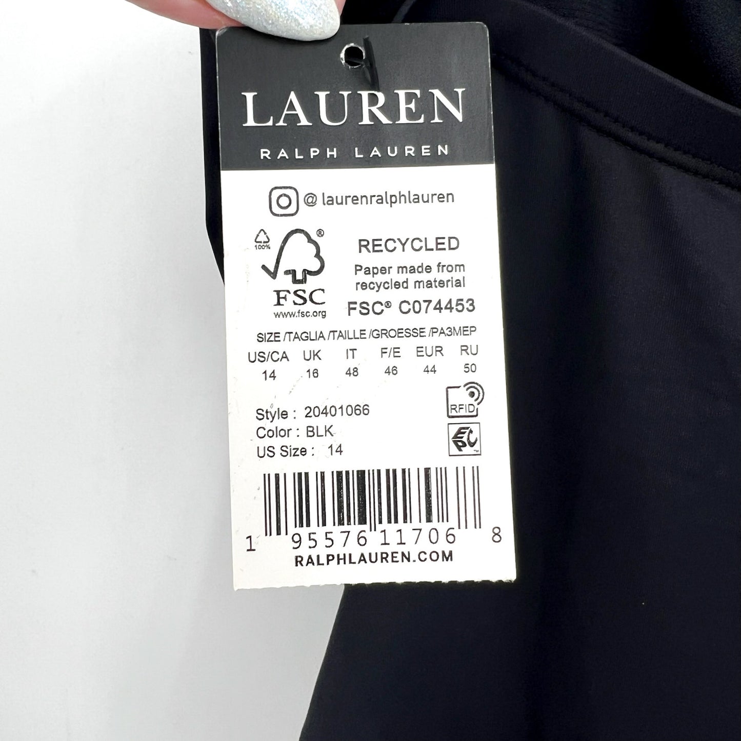 LAUREN RALPH LAUREN Solids V Wire One Piece Swimsuit Size 14 Black NWT