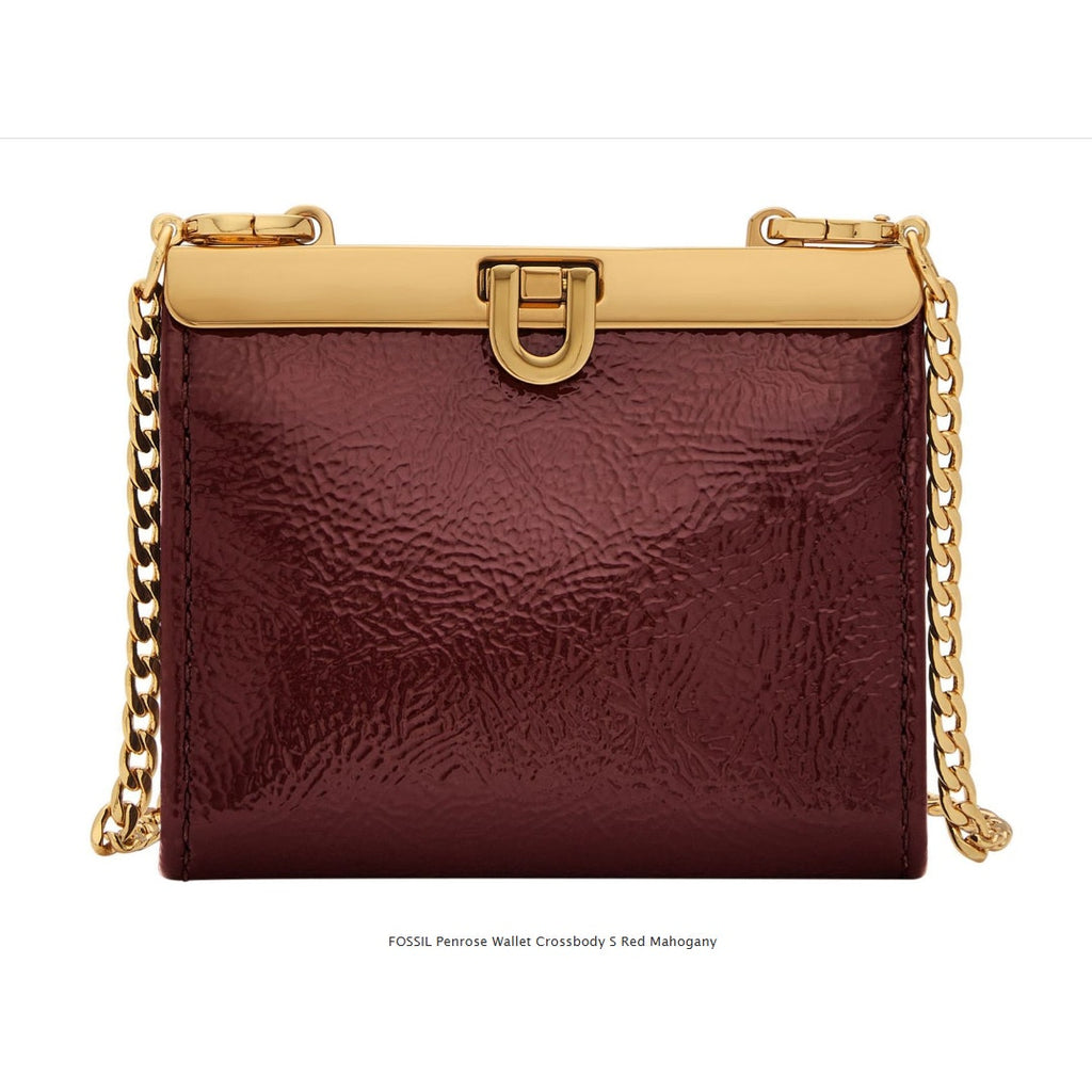 FOSSIL Penrose Wallet Crossbody Bag Small Red Mahogany Chain Strap NWT