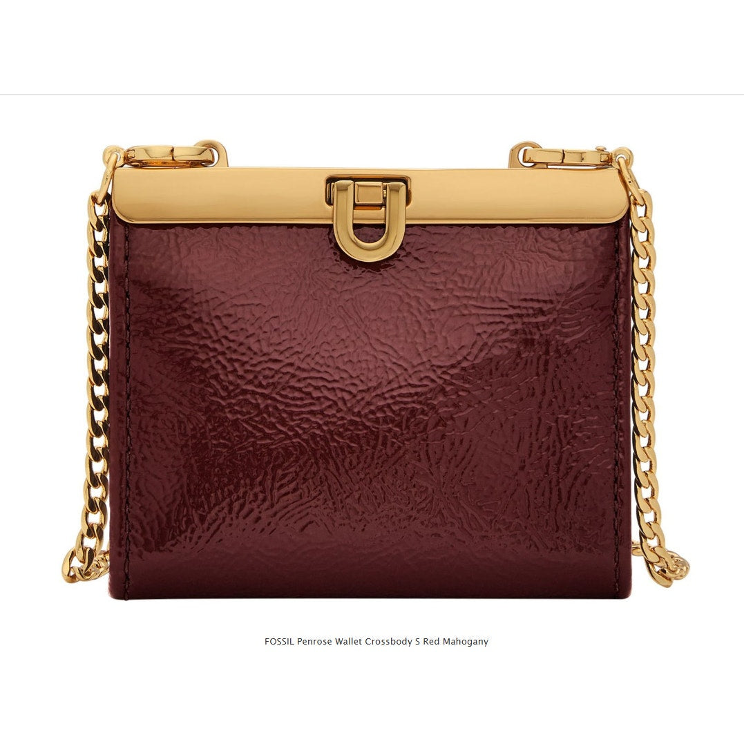 FOSSIL Penrose Wallet Crossbody Bag Small Red Mahogany Chain Strap NWT