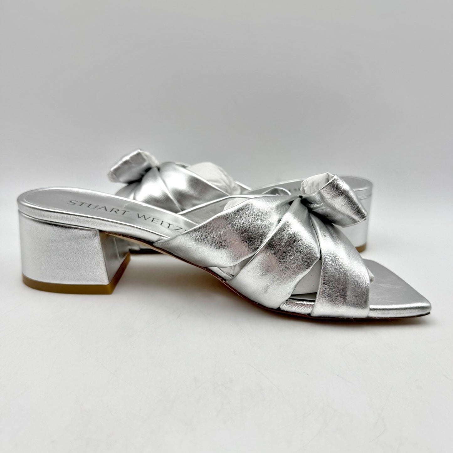 Stuart Weitzman Womens Sofia 45 Slide High Heels Size 6 Silver Leather Bow NIB