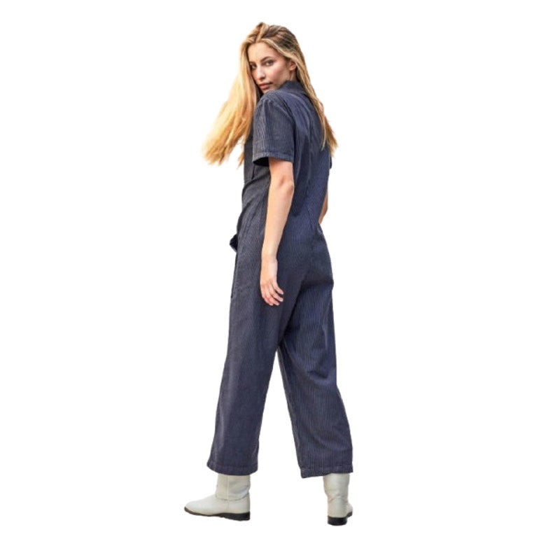 LACAUSA Womens Railroad Lucky Jumpsuit XS Dark Blue Gray Stripe Short Sleeve NWT