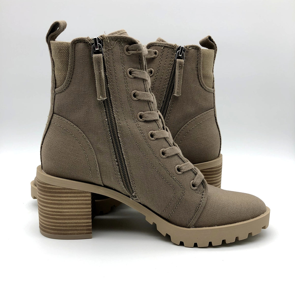 Dolce Vita Womens Combat Boots Size 6.5 Tan Canvas Stacked Heel NWOB