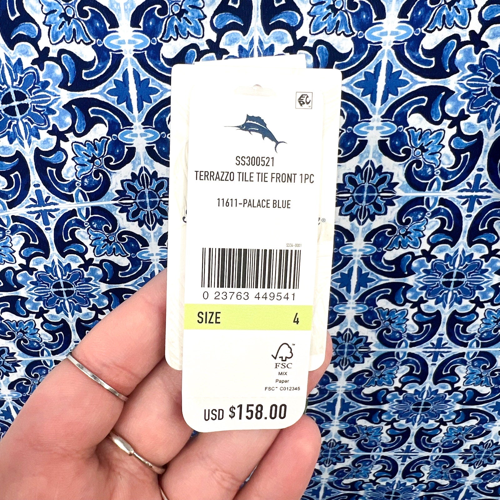 TOMMY BAHAMA Terrazzo Tile One-Piece Swimsuit Size 4 Palace Blue Tie-Front NWT