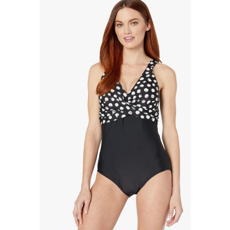MAXINE OF HOLLYWOOD V-Neck Mio One Piece Swimsuit Size 14 Black White Dot NWT