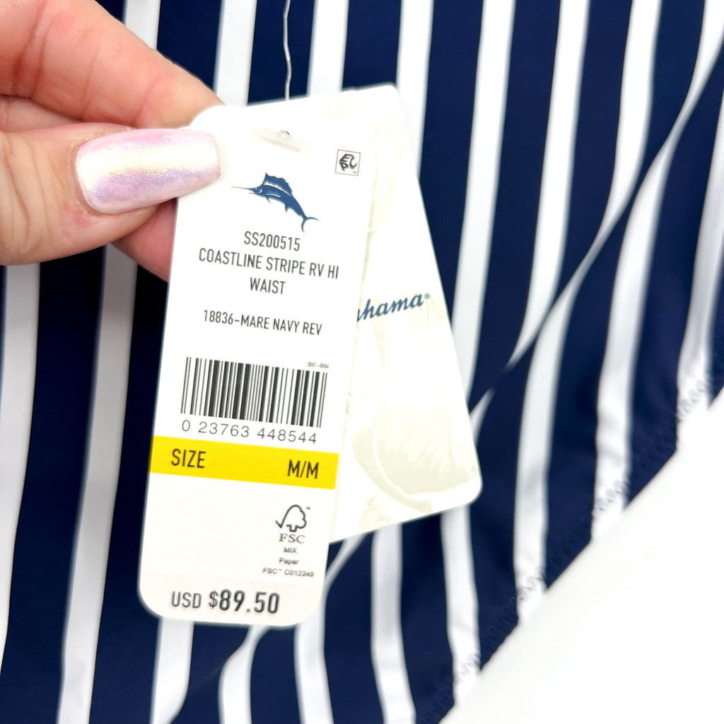 TOMMY BAHAMA Coastline Stripe Reversible Bikini Bottoms Medium Blue White NWT