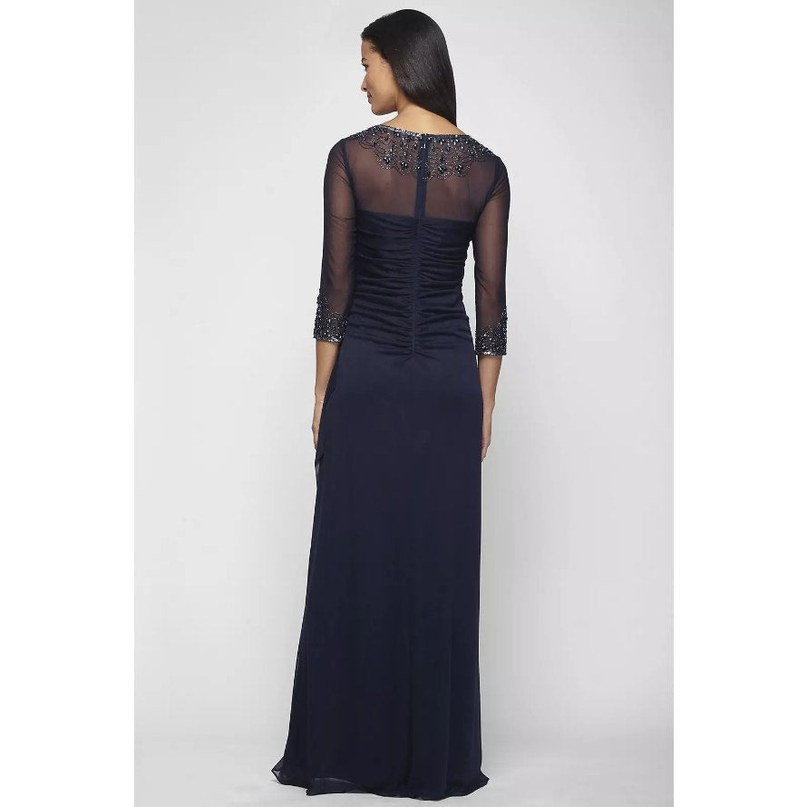 ALEX EVENINGS Illusion Sheath Gown Size 8 Deep Navy Blue Mesh Jeweled Neck NWT