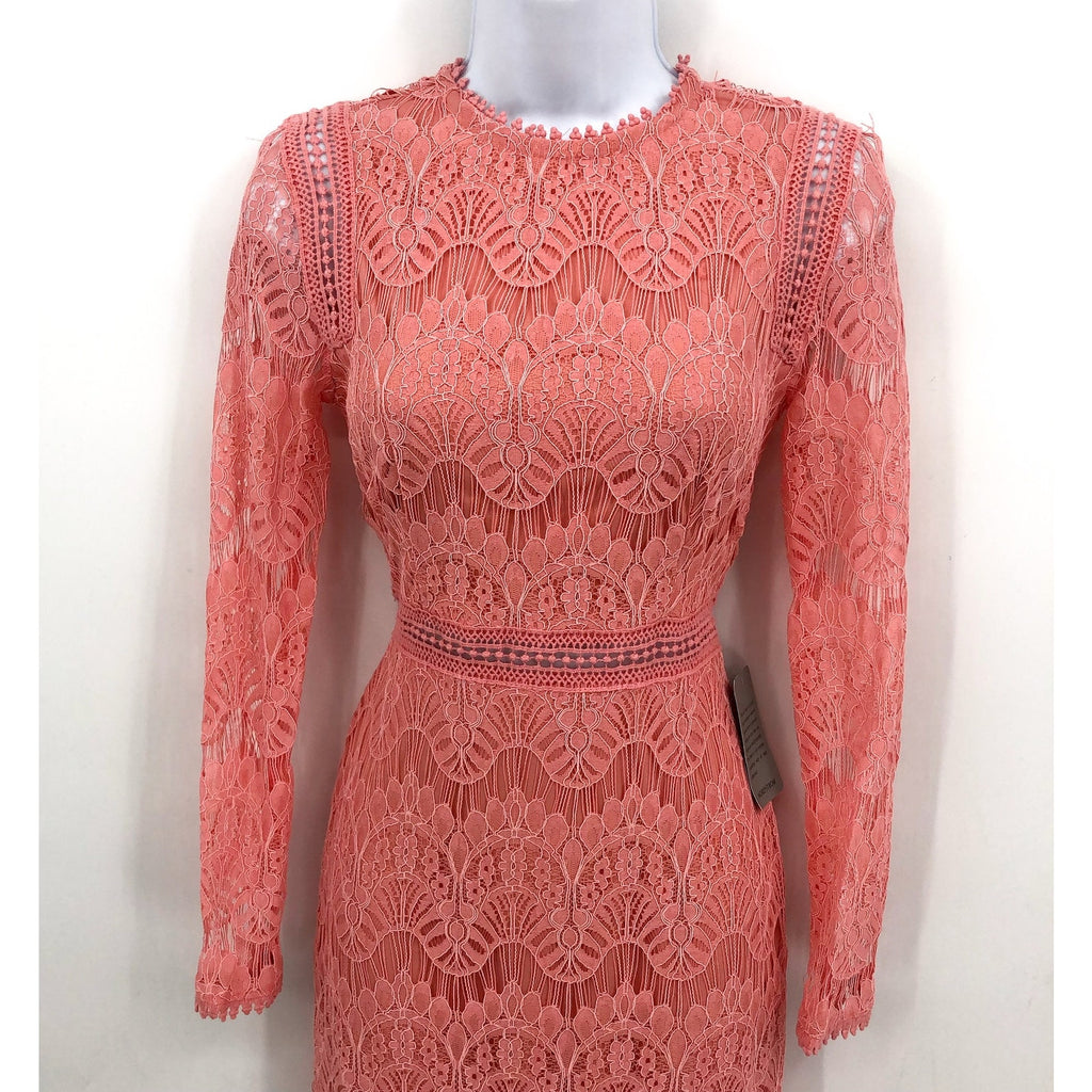 LOVE X DESIGN Women Lace Long Sleeve Midi Dress XS RosePetal Pink Jewel Neck NWT