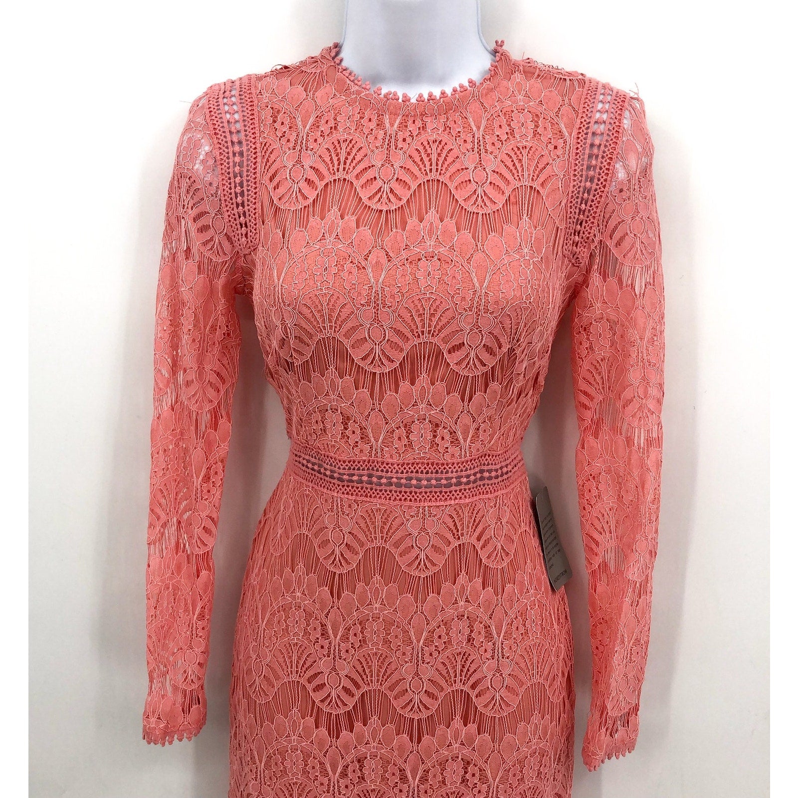 LOVE X DESIGN Women Lace Long Sleeve Midi Dress XS RosePetal Pink Jewel Neck NWT