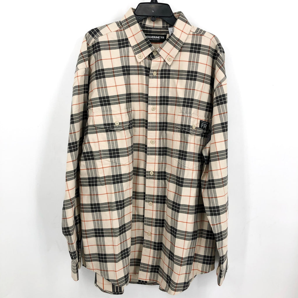 WOLVERINE Mens FR Twill Shirt Medium Cream Black Plaid Long Sleeve NWT